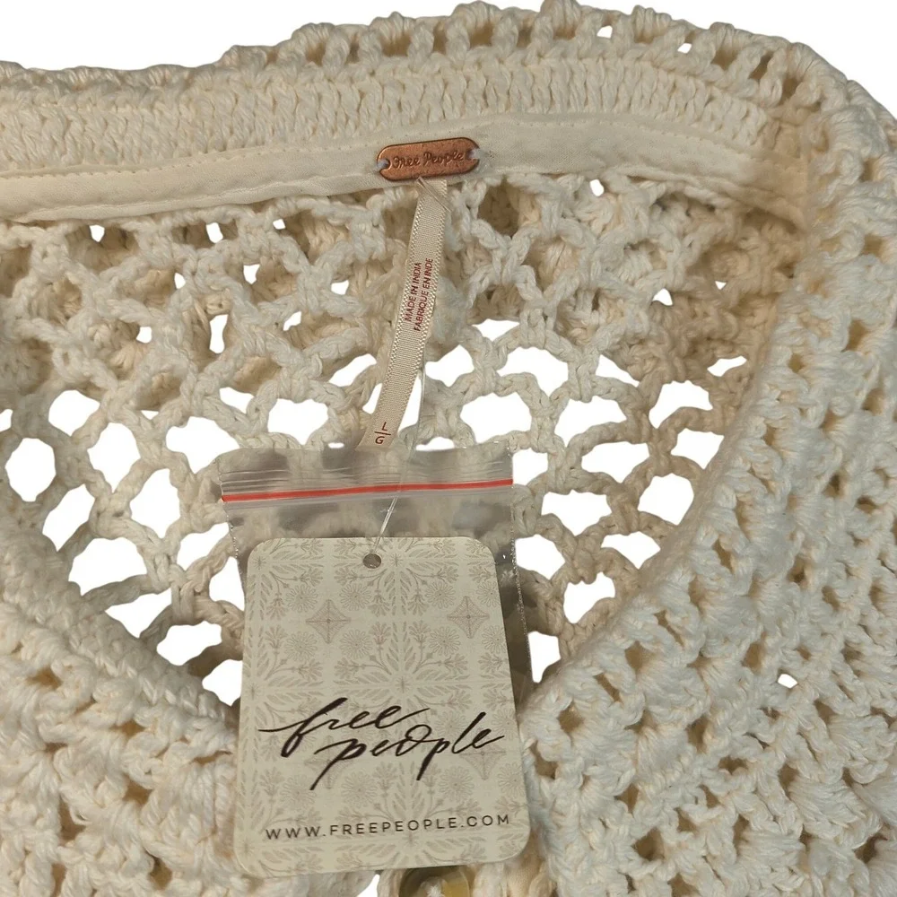 Free People Lily Crochet Top Coconut Milk Large NWT Cotton Open Knit Boho Blouse